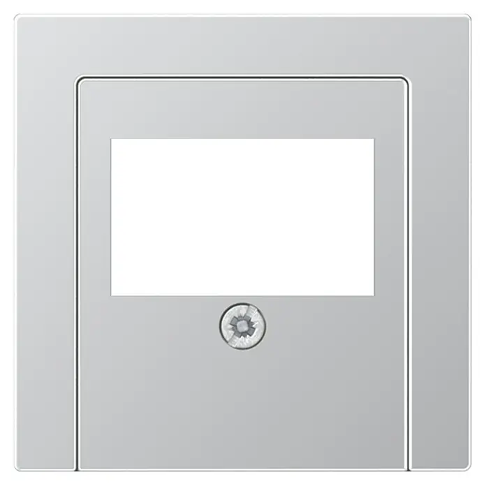 Jung TAE-Abdeckung A569PLTAL - Aluminium, Kunststoff, Unterputzmontage - Nahaufnahme eines silbernen Lichtschalters mit rechteckigem, schwarzem Display und einer Schraube in der unteren Mitte.