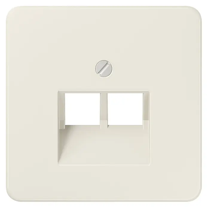 Jung CD 500 UAE-Abdeckung 569-2UA - Weiß, Kunststoff, IP20 - Eine quadratische, creme-weiße Netzwerkdose mit zwei RJ45-Buchsen und einer Schraube in der Mitte. Perfekt für stabile Netzwerkverbindungen im Haus.
