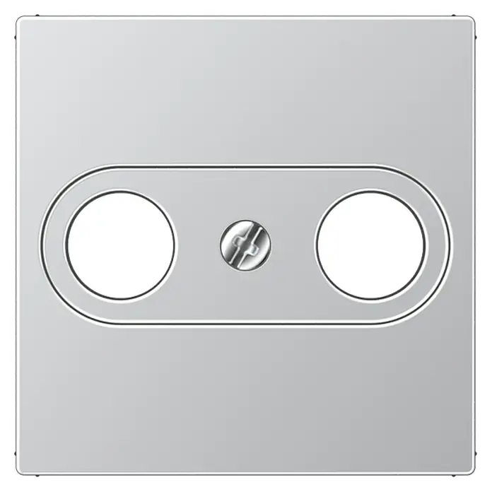 Jung Antennenabdeckung A561PLTVAL - Aluminium, Kunststoff, Unterputzmontage - Nahaufnahme einer glänzenden, quadratischen Doppelsteckdose aus Metall mit einer mittigen Schraube zur Befestigung.