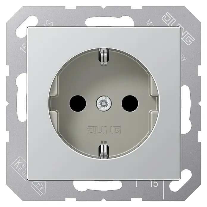 Jung Steckdose A1520KIAL - Aluminium, Kunststoff, Unterputzmontage - Eine Jung Schuko Steckdose in Silber mit einem quadratischen Design, ideal für moderne Innenräume.
