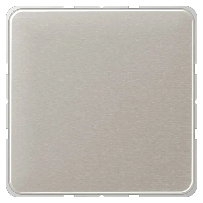 Jung CD 500 Blindabdeckung CD594-0PT - Platin, Aluminium, IP20 - Nahaufnahme eines quadratischen, gebürsteten Metalllichtschalters mit abgerundeten Ecken und weißen Details.