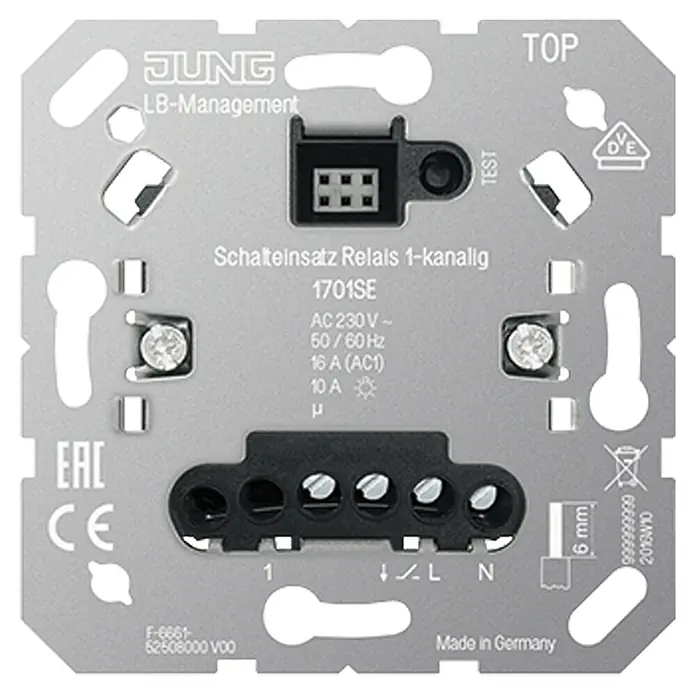 Jung Relais-Modul 1701SE - 16 A, Unterputzmontage - Detailaufnahme eines Jung LB-Management Schalteinsatz Relais 1-kanalig 1701SE mit technischen Daten und Anschlüssen.