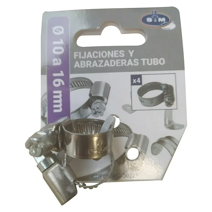 Abrazadera para manguera 9 mm - Alcance de sujeción: 8 mm - 16 mm, 4 ud. - Primer plano de un paquete de cuatro abrazaderas de manguera S&M, con un rango de tamaño de Ø 10 a 16 mm, ideal para tareas de fijación y montaje.