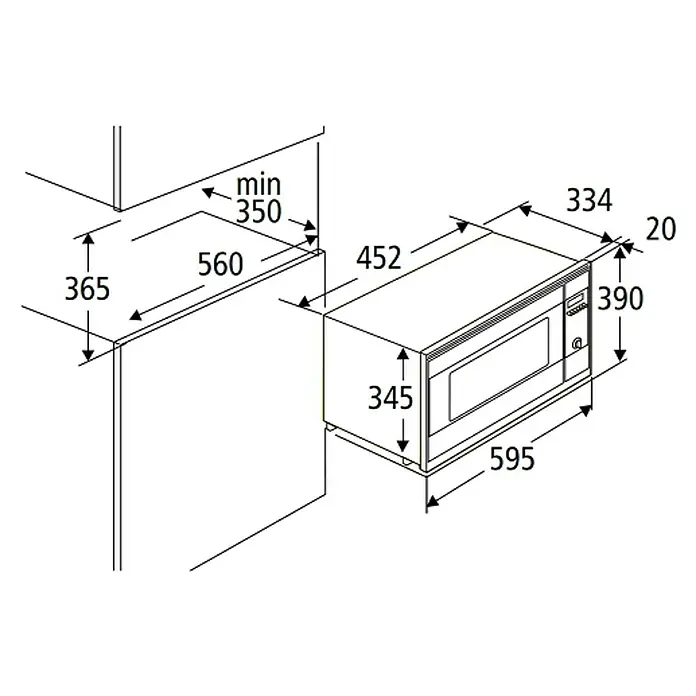 PKM Einbau-Mikrowelle MW800.8-20G-EB - Max. Leistung: 1.000 W, 20 l, Edelstahl - Eine schematische Darstellung eines Mikrowellenherds mit Maßangaben für Einbau oder Aufstellung, um die korrekten Abmessungen hervorzuheben.