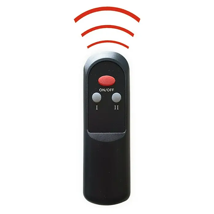 Starlyf Infrarot-Heizstrahler Radiant Heater - 7,2 x 67,5 x 10,5 cm, 2.000 W, Schwarz - Eine schwarze Fernbedienung mit einem roten Ein-/Ausschalter und zwei grauen Tasten, die mit I und II beschriftet sind, sendet rote Wellen.
