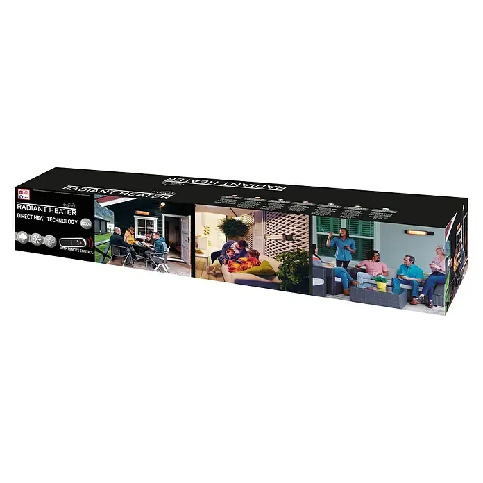 Starlyf Infrarot-Heizstrahler Radiant Heater - 7,2 x 67,5 x 10,5 cm, 2.000 W, Schwarz - Ein Produktbild der Verpackung eines Infrarot-Heizstrahlers mit Informationen zu direkter Heiztechnologie und Fernbedienung.