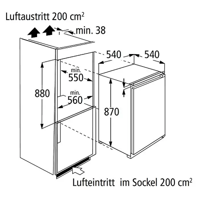 PKM Kühl-Gefrierkombination KS 120.4 EB - Nutzinhalt Gesamt: 118 l, 54 x 54 x 87 cm, Weiß - Technische Installationszeichnung für Einbauküchengeräte, zeigt Maße für Kühlschrank und Unterschrankgerät, inkl. Luftzirkulationsanforderungen.