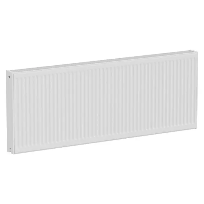 De'Longhi Kompaktheizkörper - B x H: 1.600 x 600 mm, Wärmeleistung bei Vorlauftemperatur von 75 °C (D: 50): 2.752 W, Typ Heizkörper: 22 - Nahaufnahme eines weißen Heizkörpers mit Lamellenstruktur, ideal für effiziente Raumwärme und modernes Design.
