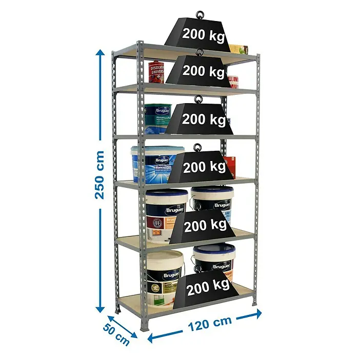 Simonrack Maderclick Metallregal Maderclick MegaPlus - H x B x T: 250 x 120 x 50 cm, Traglast pro Boden: 200 kg, Anzahl Böden: 6 Stk., Stecken, Grau - Abbildung eines Schwerlastregals mit sechs Fächern, die mit Farbdosen und Gewichten beladen sind, mit Maßangaben für Höhe und Tiefe.