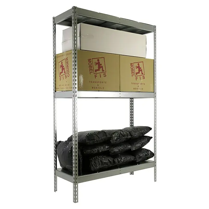 Simonrack Simonforte Schwerlastregal Simonforte Metall - H x B x T: 200 x 180 x 90 cm, Traglast pro Boden: 600 kg, Anzahl Böden: 3 Stk., Stecken, Silber/Silber - Regal mit Kartons und schwarzen Säcken. Das robuste Regal bietet viel Stauraum für Lagerung und Organisation.