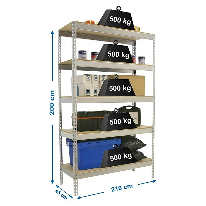 Simonrack Simonforte Schwerlastregal Simonforte Chipboard - H x B x T: 200 x 210 x 45 cm, Traglast pro Boden: 500 kg, Anzahl Böden: 5 Stk., Stecken, Silber - Abbildung eines Metallregals mit fünf Ebenen, das mit verschiedenen Gegenständen und fünf Gewichten von je 500 kg belastet ist.