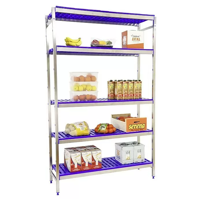 Simonrack Simonclick Metallregal Simonclick Super Plus - H x B x T: 250 x 110 x 30 cm, Traglast pro Boden: 200 kg, Anzahl Böden: 6 Stk., Stecken, Blau/Orange/Silber - Regal aus Edelstahl und lilafarbenem Polymer, mit Lebensmitteln bestückt.
