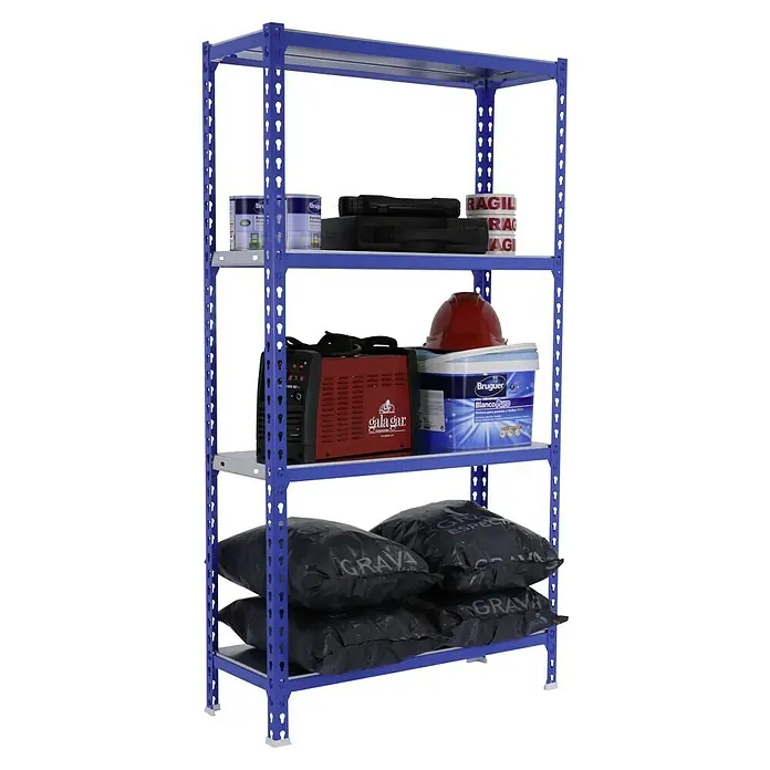 Simonrack Simonclick Metallregal Simonclick Plus - H x B x T: 150 x 90 x 30 cm, Traglast pro Boden: 180 kg, Anzahl Böden: 4 Stk., Stecken, Blau/Silber - Bild eines blauen Metallregals mit fünf Ebenen, beladen mit Farbeimern, Werkzeugen und Sandsäcken. Praktische Aufbewahrungslösung.