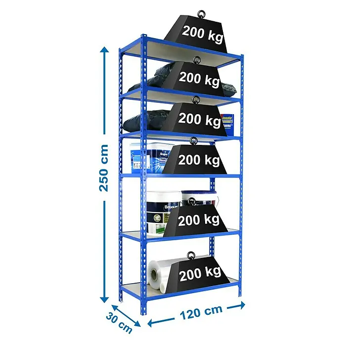 Simonrack Maderclick Metallregal Maderclick MegaPlus - H x B x T: 250 x 120 x 30 cm, Traglast pro Boden: 200 kg, Anzahl Böden: 6 Stk., Stecken, Blau - Aufnahme eines blauen Metallregals mit sechs Regalböden, auf denen sich verschiedene Gegenstände und Gewichte befinden.