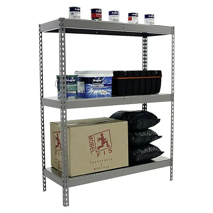 Simonrack Simonforte Estantería para cargas pesadas Metal - Al x An x Pr: 200 x 150 x 45 cm, Capacidad de carga por balda: 600 kg, Número de baldas: 3 ud., Inserción, Gris - Estantería gris de tres niveles con varios artículos como botes de pintura y cajas de cartón.