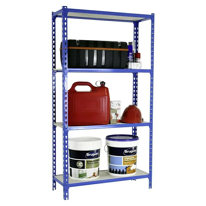Simonrack Maderclick Metallregal Maderclick - H x B x T: 150 x 90 x 30 cm, Traglast pro Boden: 150 kg, Anzahl Böden: 4 Stk., Stecken, Blau - Regal mit Werkzeugkiste, Farbeimern und Zubehör.