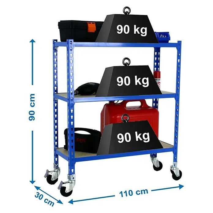 Simonrack Maderclick Estantería metálica Mobile Superplus - Al x An x Pr: 97,5 x 110 x 30 cm, Número de baldas: 3 ud., Inserción, Azul - Imagen del producto de un carrito azul con tres estantes, cargado con herramientas y pesas para ilustrar la capacidad de carga.