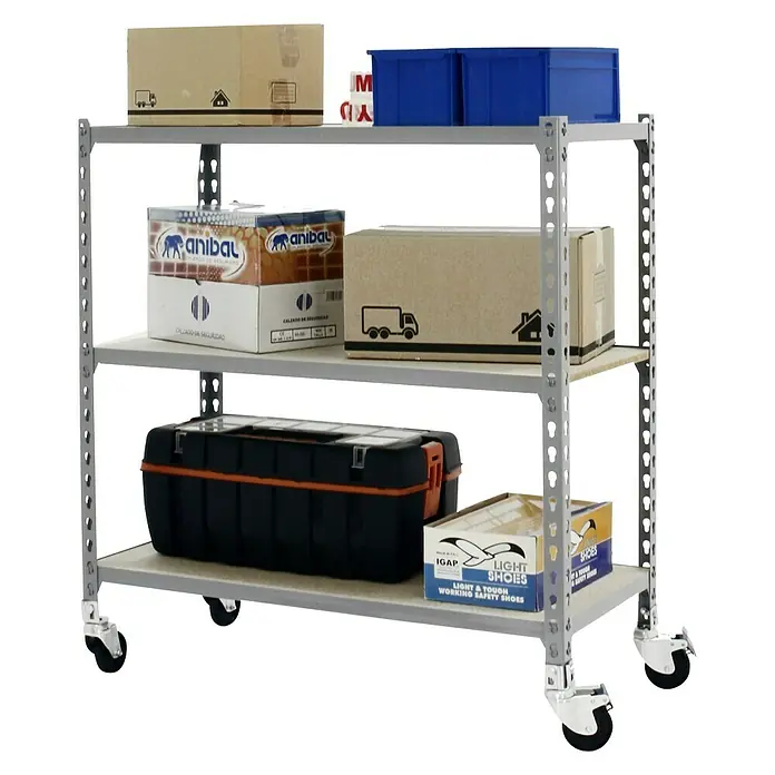 Simonrack Maderclick Estantería metálica Mobile Superplus - Al x An x Pr: 97,5 x 110 x 50 cm, Número de baldas: 3 ud., Inserción, Gris - La imagen muestra un carro gris con tres estantes, que exhibe varios artículos como cajas, una caja de herramientas y cajas de zapatos.