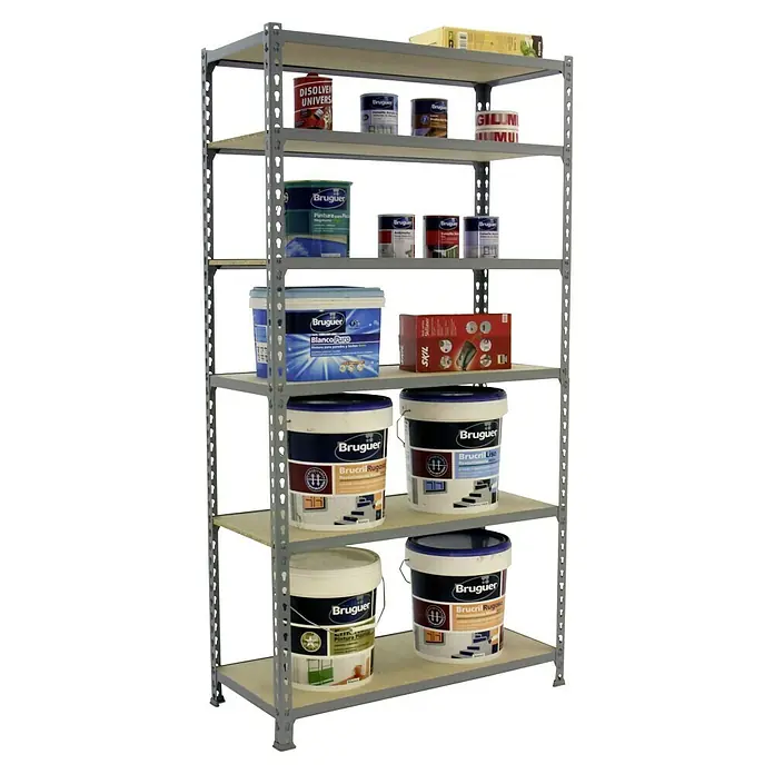 Simonrack Maderclick Metallregal Maderclick Plus - H x B x T: 250 x 100 x 30 cm, Traglast pro Boden: 150 kg, Anzahl Böden: 6 Stk., Stecken, Grau - Ein Regal voller verschiedener Dosen und Behälter der Marke Bruguer, darunter Farben und Lösungsmittel, ordentlich aufgereiht.