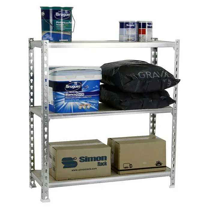 Simonrack Maderclick Metallregal Maderclick SuperPlus - H x B x T: 100 x 110 x 50 cm, Traglast pro Boden: 200 kg, Anzahl Böden: 3 Stk., Stecken, Silber - Aufnahme eines Metallregals mit Farbdosen und Kartons der Marke Simon Rack, ideal für Garagen und Lagerräume.