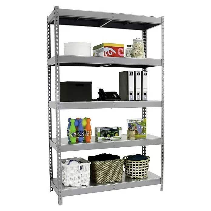 Simonrack Ecoforte Metallregal Ecoforte Metall - H x B x T: 200 x 180 x 60 cm, Traglast pro Boden: 400 kg, Anzahl Böden: 5 Stk., Stecken, Grau - Graues Metallregal mit fünf Fachböden, gefüllt mit verschiedenen Gegenständen zur Aufbewahrung.