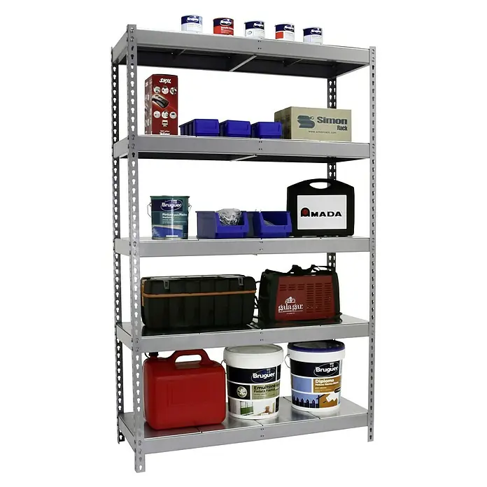 Simonrack Ecoforte Estantería metálica Metal - Al x An x Pr: 200 x 150 x 60 cm, Capacidad de carga por balda: 400 kg, Número de baldas: 5 ud., Inserción, Gris grafito - Estantería llena de herramientas, pintura y contenedores de almacenamiento. El producto proporciona una solución práctica para la organización del taller.