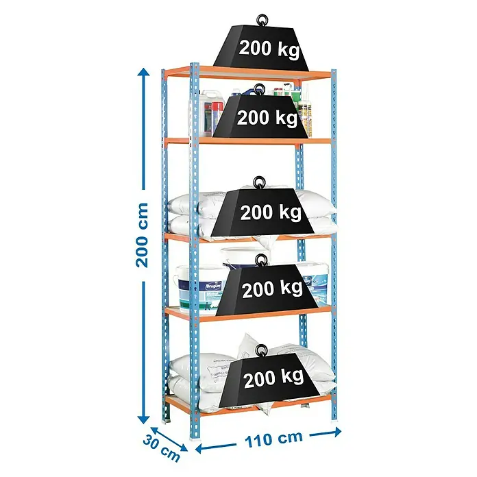 Simonrack Maderclick Metallregal Maderclick SuperPlus - H x B x T: 200 x 110 x 30 cm, Traglast pro Boden: 200 kg, Anzahl Böden: 5 Stk., Stecken, Blau/Orange - Ein blau-oranges Regal mit fünf Böden ist abgebildet, wobei jeder Boden mit einem Gewicht von 200 kg belastet ist, um die Tragfähigkeit zu demonstrieren.
