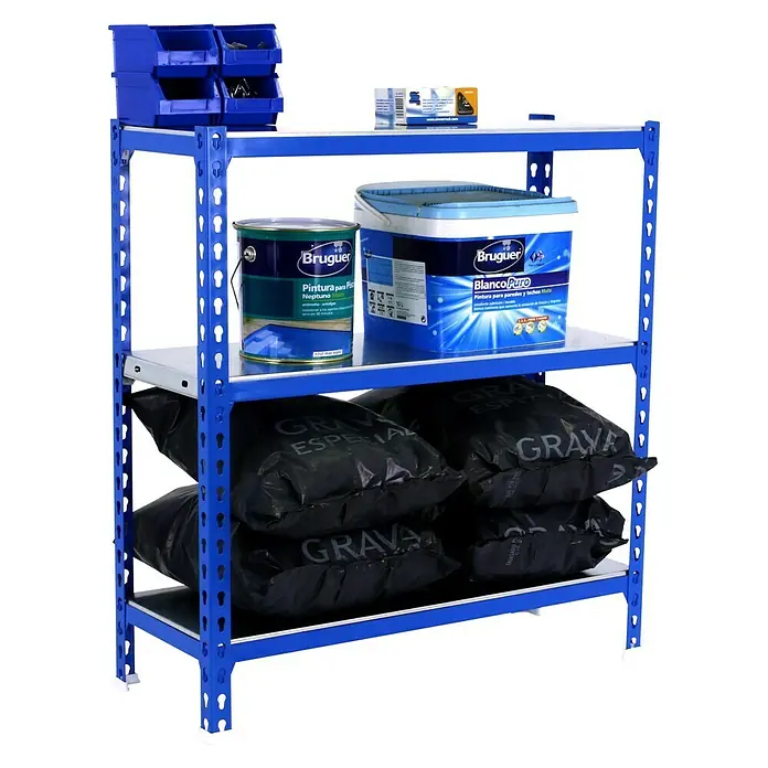 Simonrack Simonclick Metallregal Simonclick Plus - H x B x T: 100 x 90 x 30 cm, Traglast pro Boden: 180 kg, Anzahl Böden: 3 Stk., Stecken, Blau/Silber - Ein Regal mit Farbeimern und Säcken. Das blaue Regal bietet Stauraum für Farbe und andere Gegenstände.