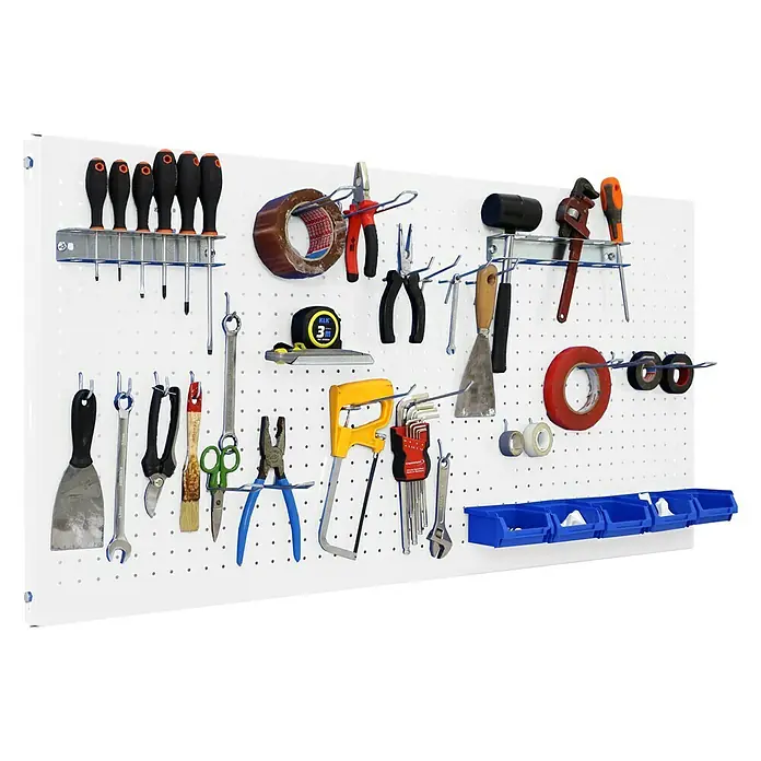 Simonrack Panelclick Panel perforado con 22 ganchos y 8 accesorios - L x An: 120 x 60 cm, Blanco - Panel de herramientas con destornilladores, alicates, martillos, llaves inglesas y otras herramientas, ideal para organizar el taller.\n