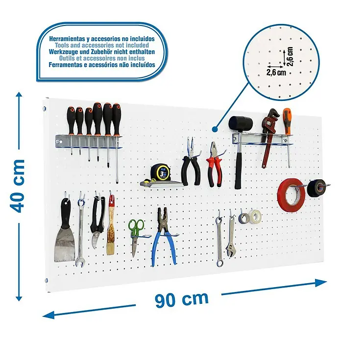 Simonrack Panelclick Panel perforado con 14 ganchos - L x An: 90 x 40 cm, Blanco - Panel de herramientas de 40 cm x 90 cm equipado con varias herramientas, teniendo en cuenta que las herramientas y accesorios no están incluidos.