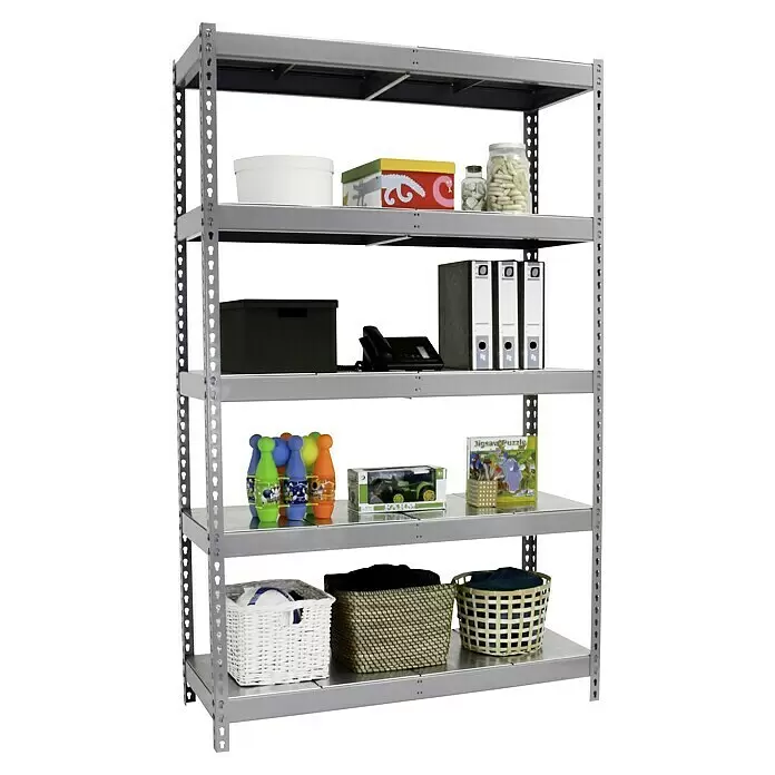 Simonrack Simonforte Schwerlastregal Simonforte Metall - H x B x T: 200 x 150 x 45 cm, Traglast pro Boden: 600 kg, Anzahl Böden: 5 Stk., Stecken, Grau/Silber - Fünfstöckiges, graues Metallregal mit verschiedenen Aufbewahrungsgegenständen.