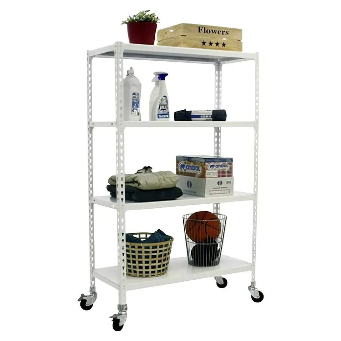 Simonrack Simonclick Estantería metálica Mobile Mini - Al x An x Pr: 157,5 x 80 x 30 cm, Número de baldas: 4 ud., Inserción, Blanco - Estantería móvil con cuatro niveles, cargada con diversos artículos como suministros de limpieza, plantas y ropa.