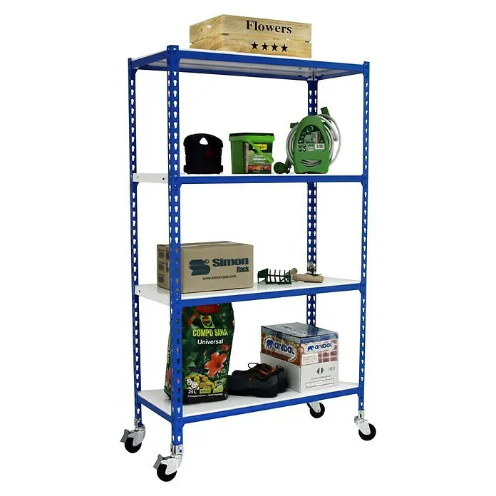 Simonrack Simonclick Estantería metálica Mobile Plus - Al x An x Pr: 157,5 x 100 x 30 cm, Número de baldas: 4 ud., Inserción, Azul/Blanco - Estantería de cuatro pisos con estructura metálica azul y base blanca, cargada con material de jardinería y accesorios.