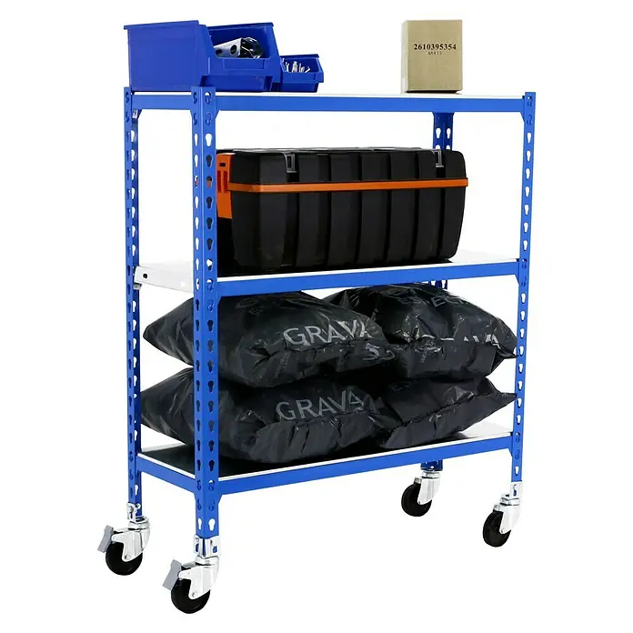 Simonrack Simonclick Estantería metálica Mobile Plus - Al x An x Pr: 97,5 x 100 x 50 cm, Número de baldas: 3 ud., Inserción, Azul - Un carrito azul con tres estantes que contienen contenedores, una caja de herramientas y bolsas.