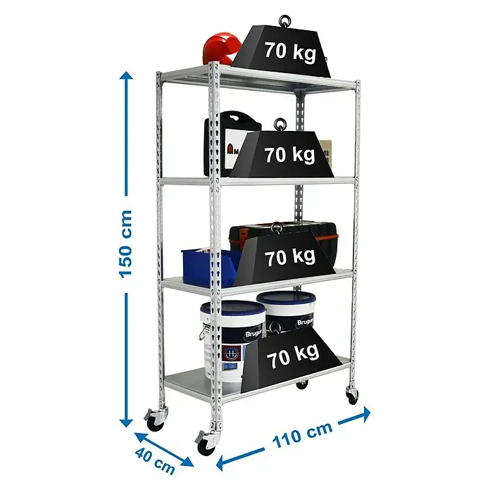 Simonrack Simonclick Estantería metálica Mobile Superplus - Al x An x Pr: 157,5 x 110 x 40 cm, Número de baldas: 4 ud., Inserción, Blanco - Una estantería metálica rodante de cuatro niveles, cargada con varios artículos y pesos, muestra dimensiones.
