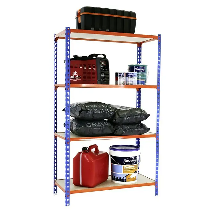 Simonrack Maderclick Metallregal Maderclick MegaPlus - H x B x T: 150 x 120 x 40 cm, Traglast pro Boden: 200 kg, Anzahl Böden: 4 Stk., Stecken, Blau/Orange - Werkstattregal mit Werkzeugkasten, Schweißgerät, Farbe und Säcken.