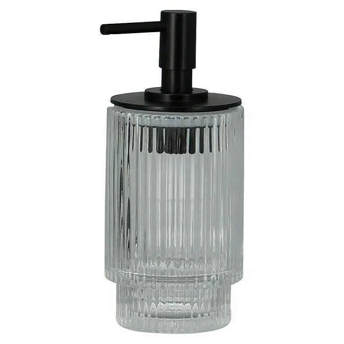 Aquasanit Deco Dispensador de jabón - L x An x Al: 74 x 74 x 166 cm, Vidrio, Transparente - Elegante dispensador de jabón de vidrio transparente con textura acanalada y bomba negra, ideal para baños con estilo.