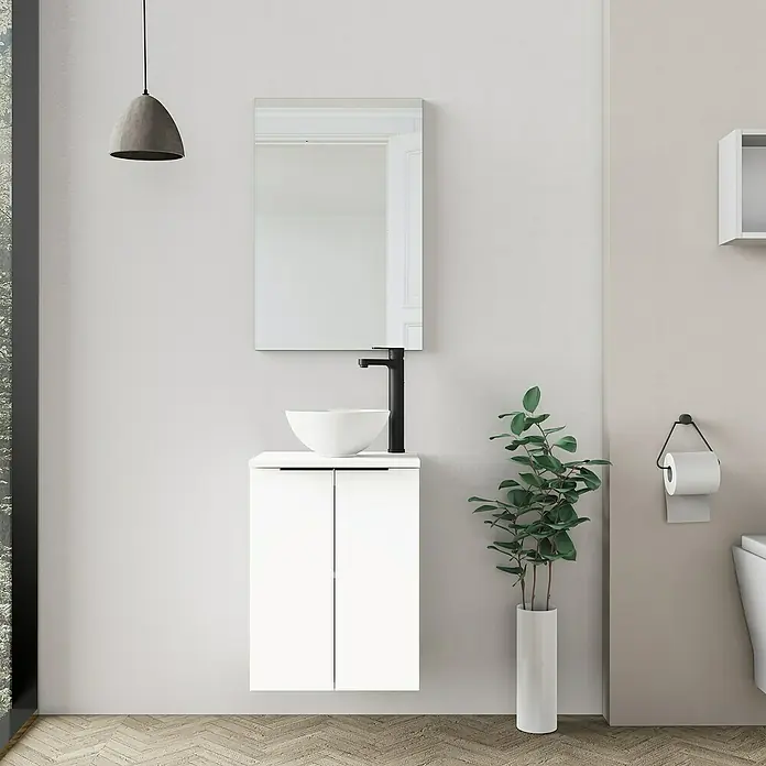 Artysan Conjunto de mueble de baño Rainbow - Blanco, Mate, 4 pzs. - Mueble de baño con armario blanco, lavabo sobre encimera y grifo negro para un baño moderno y elegante.