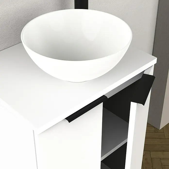 Artysan Conjunto de mueble de baño Rainbow - Blanco, Mate, 4 pzs. - Un moderno mueble de baño con un elegante lavabo sobre encimera redondo en blanco y tiradores negros para un diseño minimalista.
