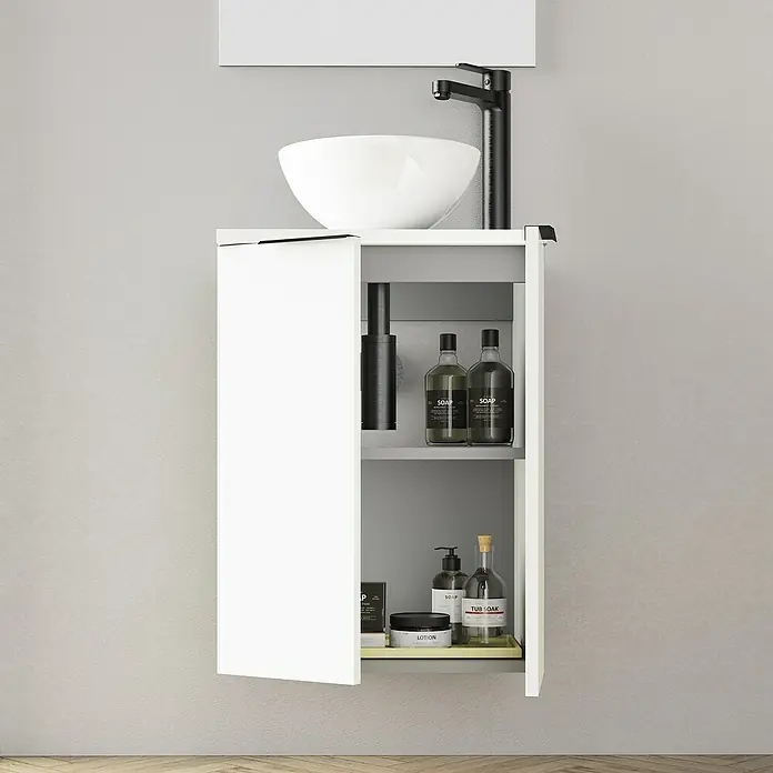 Artysan Conjunto de mueble de baño Rainbow - Blanco, Mate, 4 pzs. - Tocador de baño con lavabo sobre encimera blanco y armario abierto que muestra los elementos esenciales del baño. Este tocador moderno es una solución elegante.