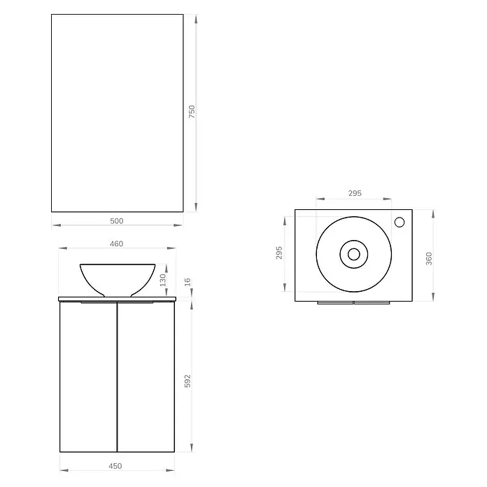 Artysan Conjunto de mueble de baño Rainbow - Vainilla, Mate, 4 pzs. - Vista del producto: Combinación de mueble de baño con espejo, dimensiones para la planificación e instalación. Ideal para baños modernos.