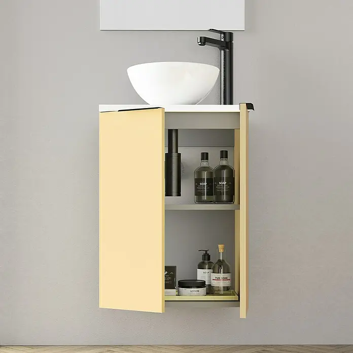 Artysan Conjunto de mueble de baño Rainbow - Vainilla, Mate, 4 pzs. - Un tocador de baño con un lavabo blanco y un armario abierto, que muestra artículos de tocador. El mueble es elegante y funcional.