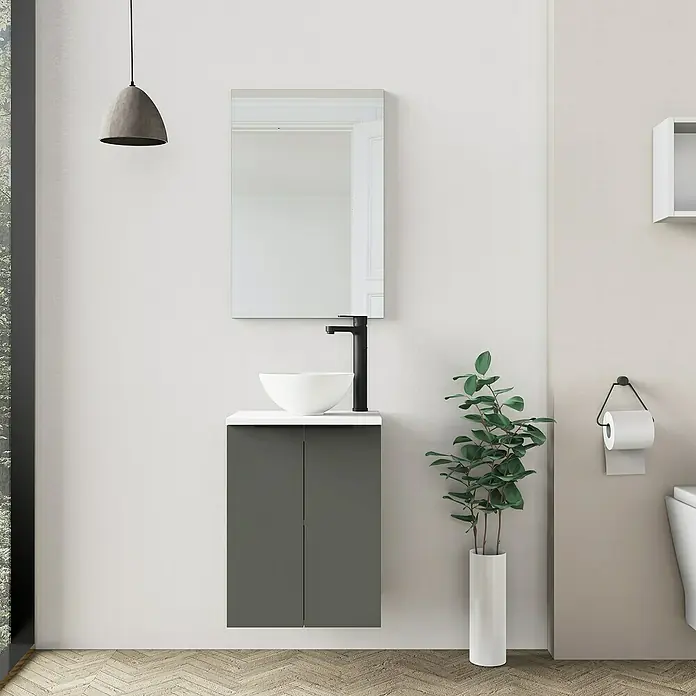 Artysan Conjunto de mueble de baño Rainbow - Antracita, Mate, 4 pzs. - Cuarto de baño moderno con mueble de lavabo gris, lavabo sobre encimera y espejo rectangular.