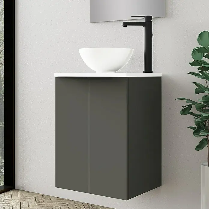 Artysan Conjunto de mueble de baño Rainbow - Antracita, Mate, 4 pzs. - Mueble de baño con lavabo de encimera redondo y grifo negro moderno para un ambiente elegante.