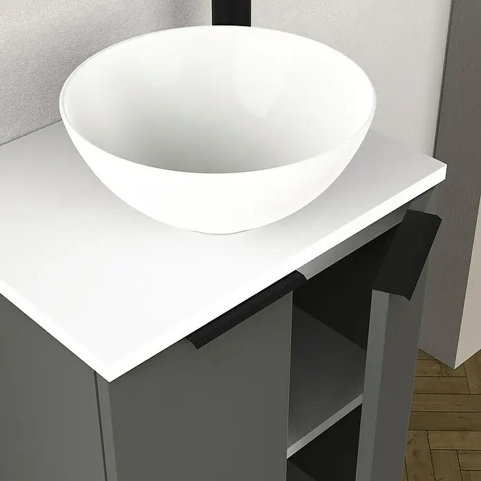 Artysan Conjunto de mueble de baño Rainbow - Antracita, Mate, 4 pzs. - Un tocador moderno con un lavabo redondo y un gabinete con manijas negras. El tocador es elegante y práctico.