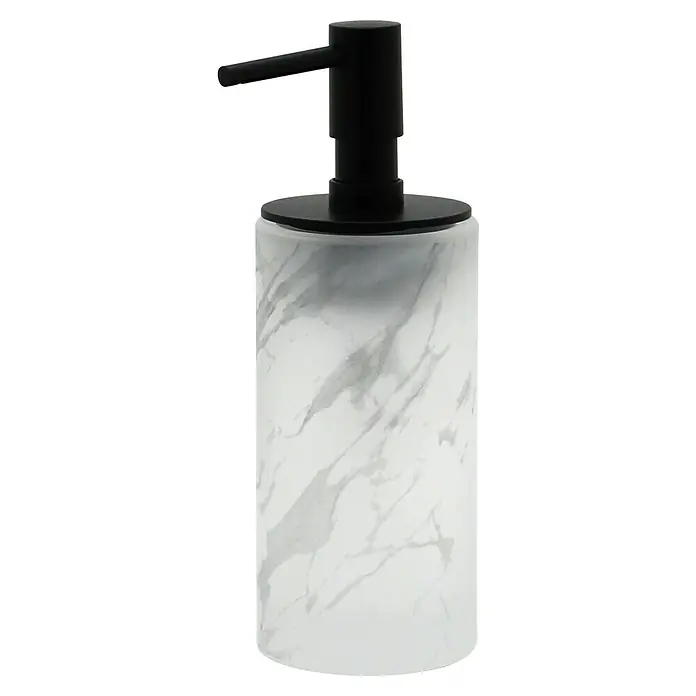 Aquasanit Marmor Dispensador de jabón - L x An x Al: 61 x 61 x 173 cm, Cerámica, Gris - Elegante dispensador de jabón con efecto mármol y cabezal de bomba negro. Un accesorio elegante para cualquier baño que combina funcionalidad y diseño.