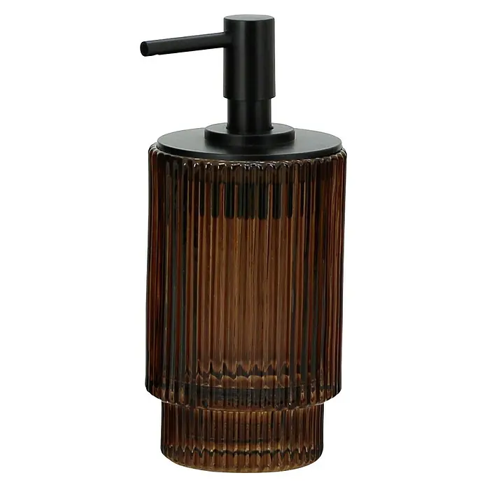 Aquasanit Deco Dispensador de jabón - L x An x Al: 74 x 74 x 166 cm, Vidrio, Ámbar - Elegante dispensador de jabón marrón con textura acanalada y cabezal de bomba negro mate para baños con estilo.
