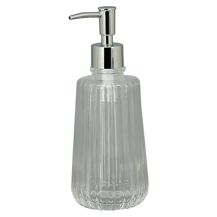 Aquasanit Retro Dispensador de jabón - L x An x Al: 8 x 8 x 202 cm, Vidrio, Transparente - Elegante dispensador de jabón con cuerpo de vidrio transparente y acanalado, y cabezal de bomba cromado brillante para higiene de baño.