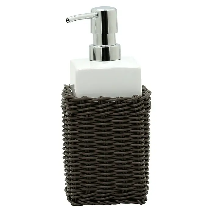 Aquasanit Rattan Dispensador de jabón - L x An x Al: 87 x 87 x 20 cm, Cerámica, Blanco/Marrón - Dosificador de jabón con cesta de mimbre marrón y dispensador cromado brillante. Práctico y elegante.