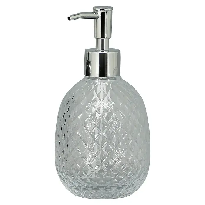 Aquasanit Diamond Dispensador de jabón - L x An x Al: 86 x 86 x 168 cm, Vidrio, Transparente - Dispensador de jabón transparente con diseño de rombos y cabezal de bomba plateado para una higiene de baño elegante.